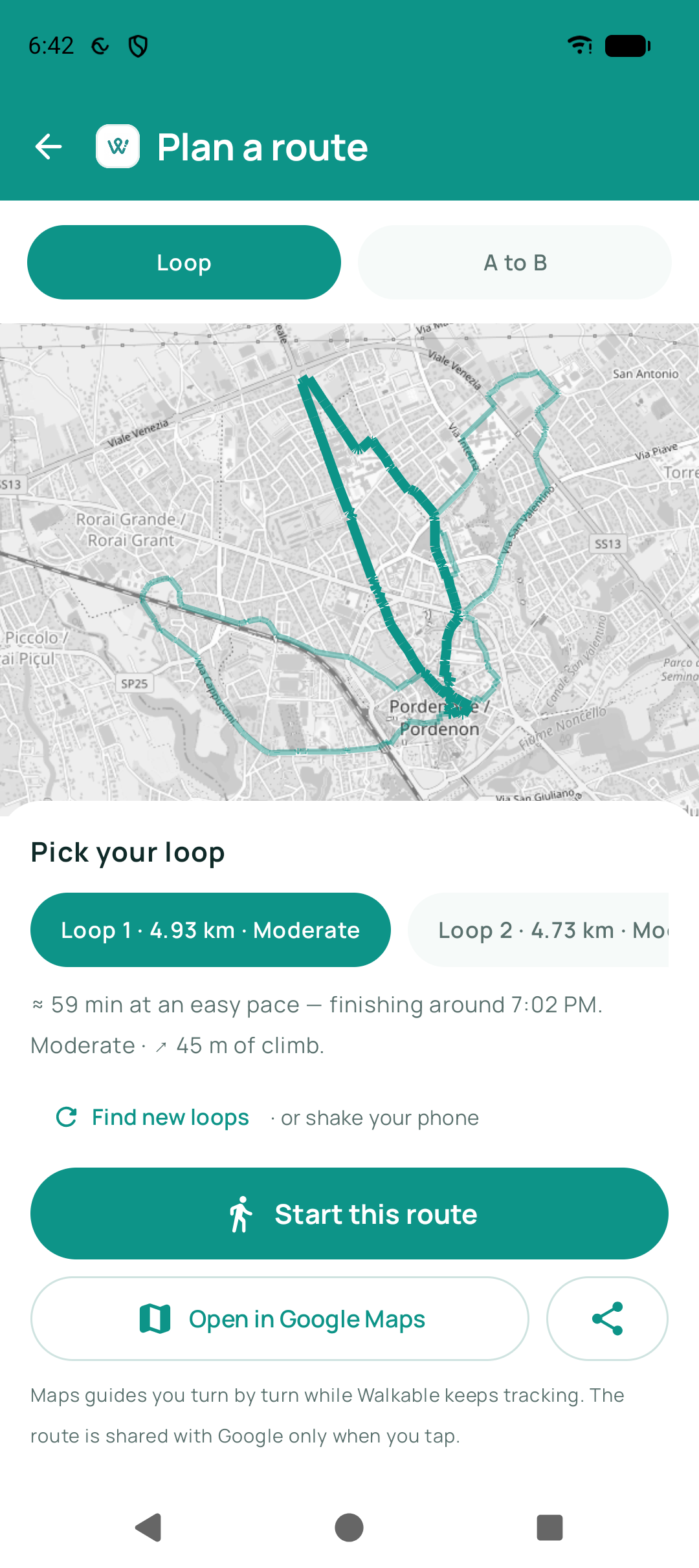 Suggested walking loops drawn on the map
