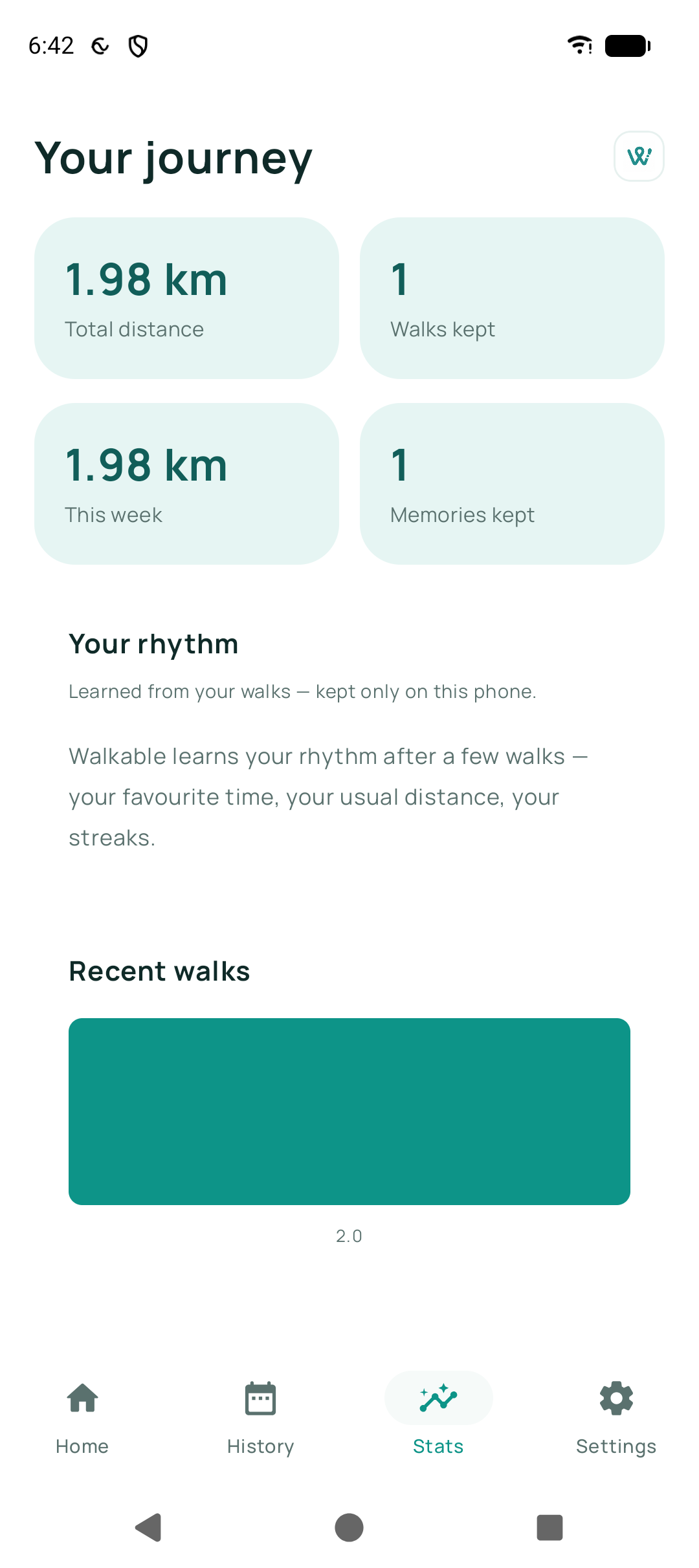 Personal stats — distance, walks and memories kept